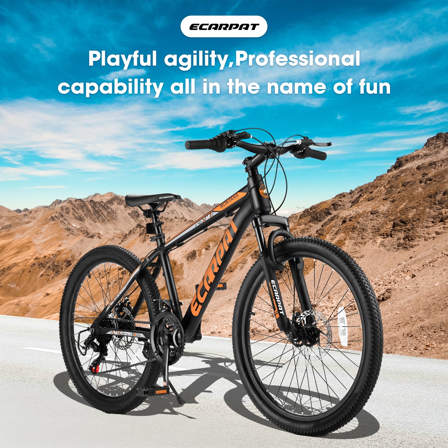 Ecarpat 24 Inch Mountain Bike, Front Suspension Mens Mountain Bike with 21 Speeds High-Carbon Steel Frame and Disc Brakes, Adult Sport Bicycle for Trail Snow Commuter City Road