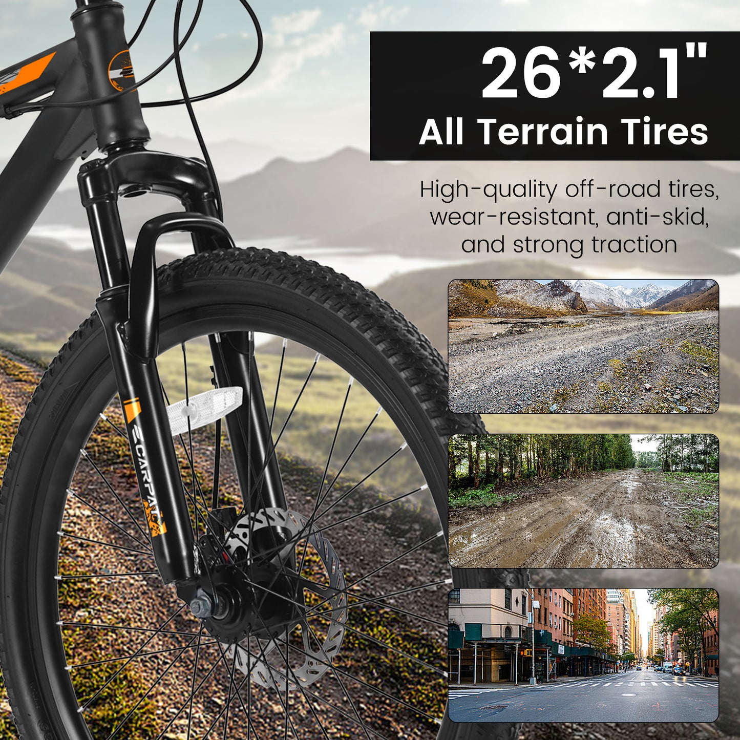 Ecarpat 26 Inch Mens Mountain Bike, 21 Speeds Carbon Steel Mountain Bike, Disc Brakes and Suspension Fork Mountain Bike, Adult Sport Bicycle for Trail Snow Commuter City Road