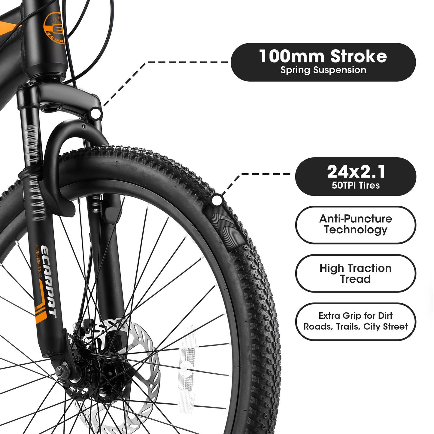 Ecarpat 24 Inch Mountain Bike, Front Suspension Mens Mountain Bike with 21 Speeds High-Carbon Steel Frame and Disc Brakes, Adult Sport Bicycle for Trail Snow Commuter City Road