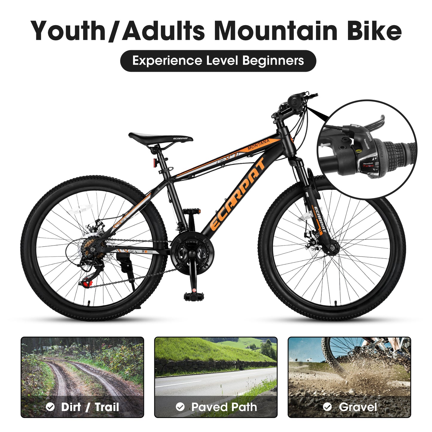 Ecarpat 24 Inch Mountain Bike, Front Suspension Mens Mountain Bike with 21 Speeds High-Carbon Steel Frame and Disc Brakes, Adult Sport Bicycle for Trail Snow Commuter City Road