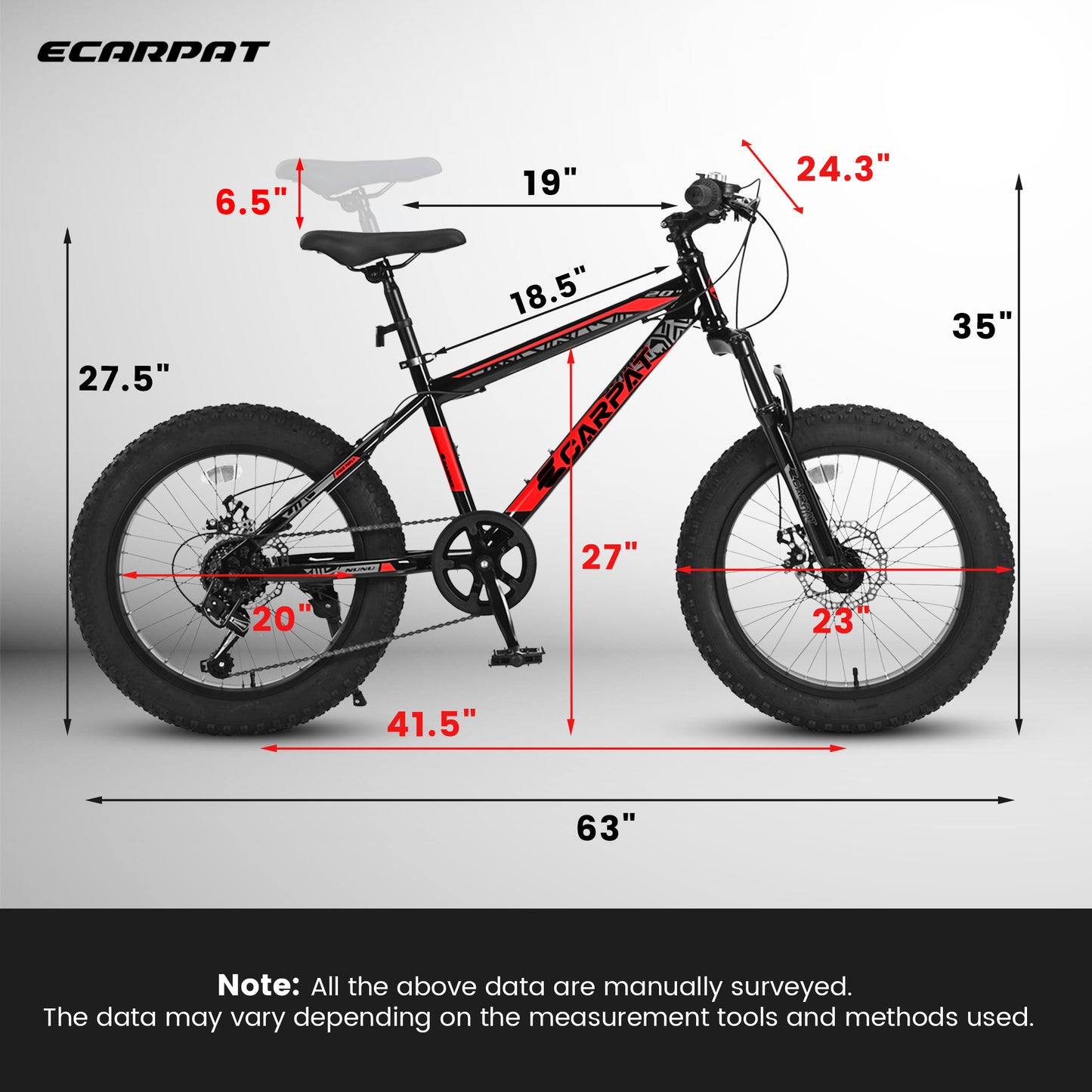 Ecarpat 20 Inch Fat Tire Mountain Bike,Dual Disc Brakes Suspension Fork, 7-Speed Boys Girls Mountain Bikes, All Terrain Kids Mountain Bikes for Boys and Girls 8-15 Years Old