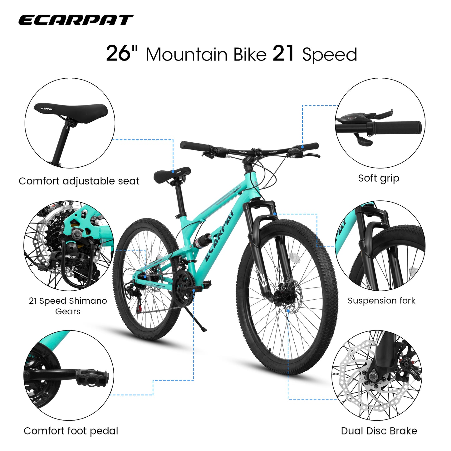 Ecarpat 26 Inch Full Suspension Mountain Bike, 21 Speeds Dual Disc Brake, Men Women Carbon Steel Mountain Bike, Adult Commuter City Bikes