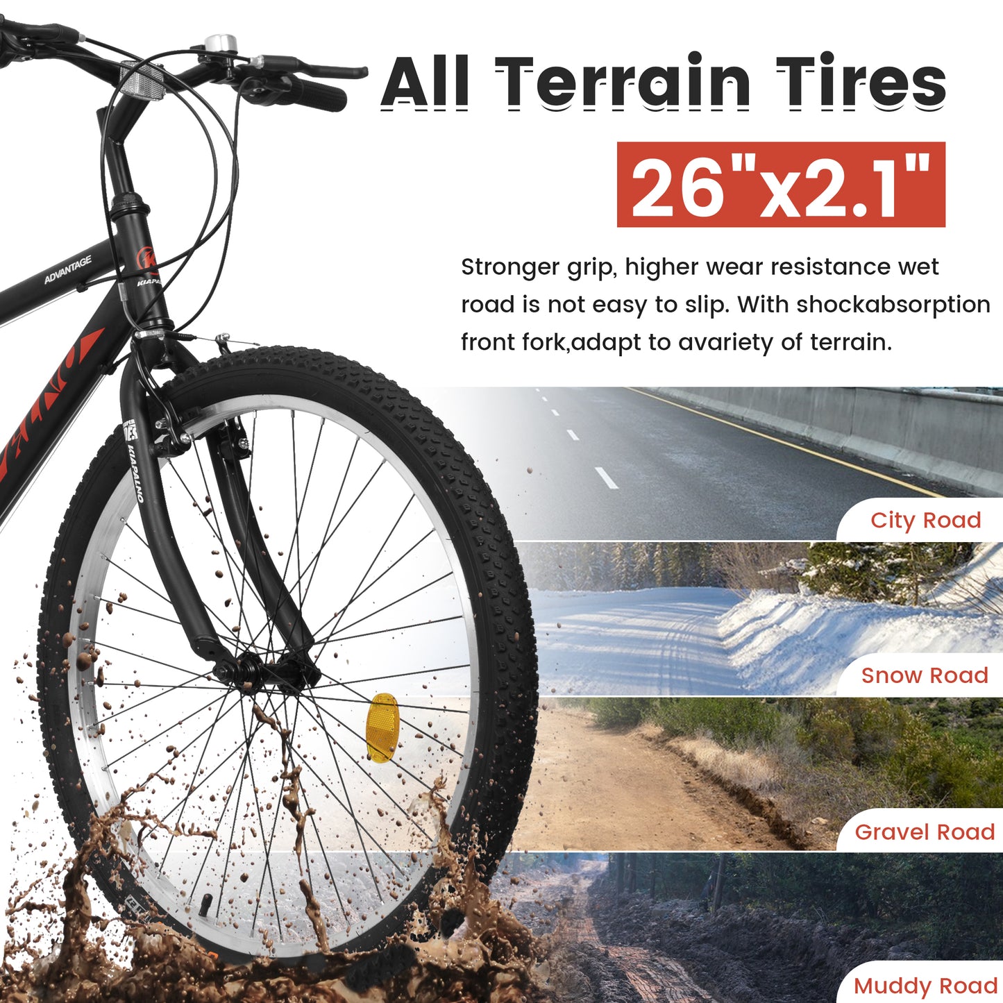 Mountain Bike 26 Inch for Men Women, 21 Speeds High-Carbon Steel Frame, Front Suspension Sport Bicycle, Adult Teens MTB Bicycle for Snow City Commuters and Short Trip
