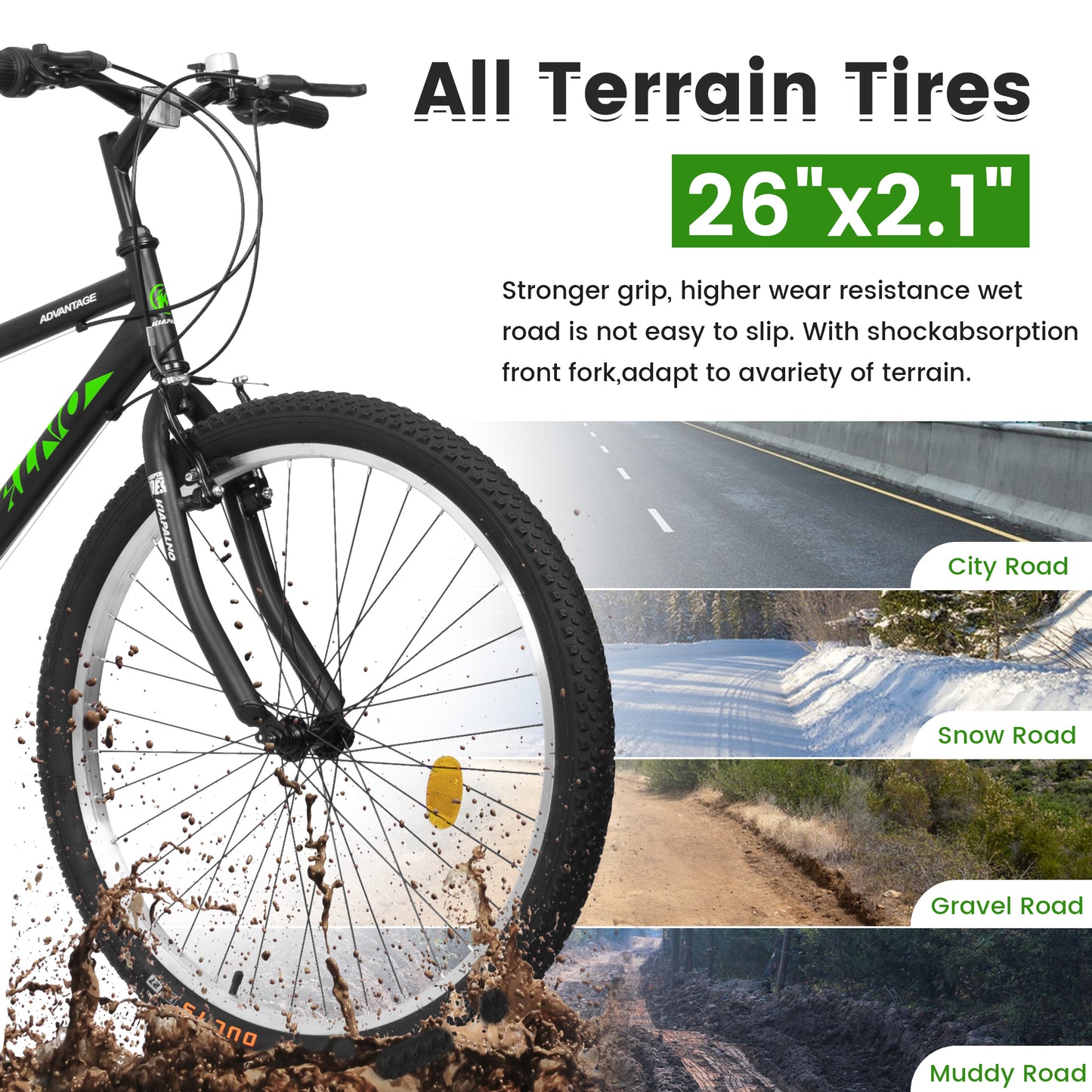 Mountain Bike 26 Inch for Men Women, 21 Speeds High-Carbon Steel Frame, Front Suspension Sport Bicycle, Adult Teens MTB Bicycle for Snow City Commuters and Short Trip