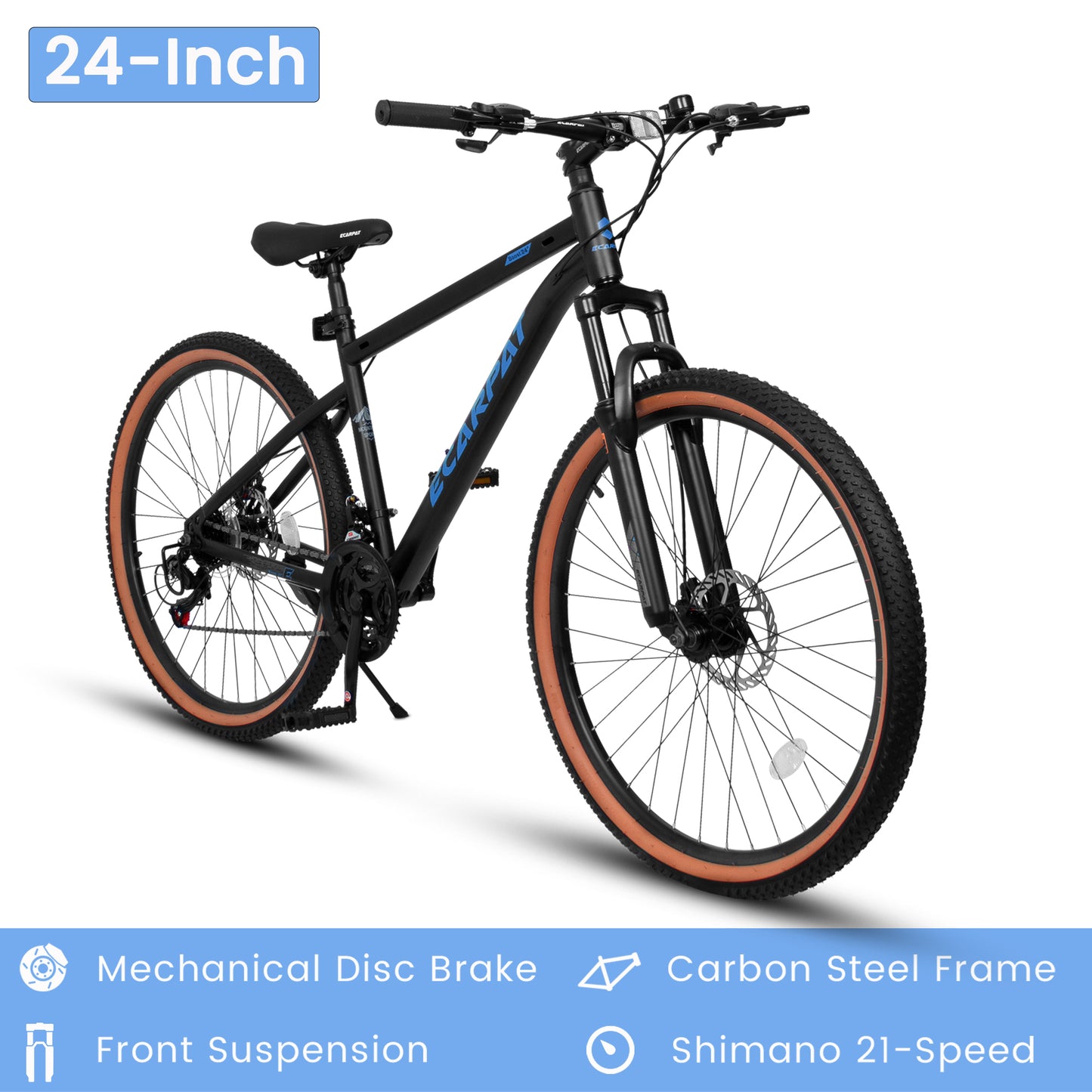 Ecarpat 24 Inch Mountain Bike, Dual/Front Suspension Mens Mountain Bike with 21 Speeds High-Carbon Steel Frame and Disc/V Brakes, Adult Sport Bicycle for Trail Snow Commuter City Road