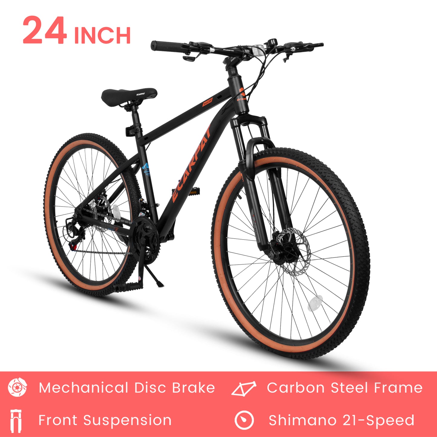 Ecarpat 24 Inch Mountain Bike, Dual/Front Suspension Mens Mountain Bike with 21 Speeds High-Carbon Steel Frame and Disc/V Brakes, Adult Sport Bicycle for Trail Snow Commuter City Road