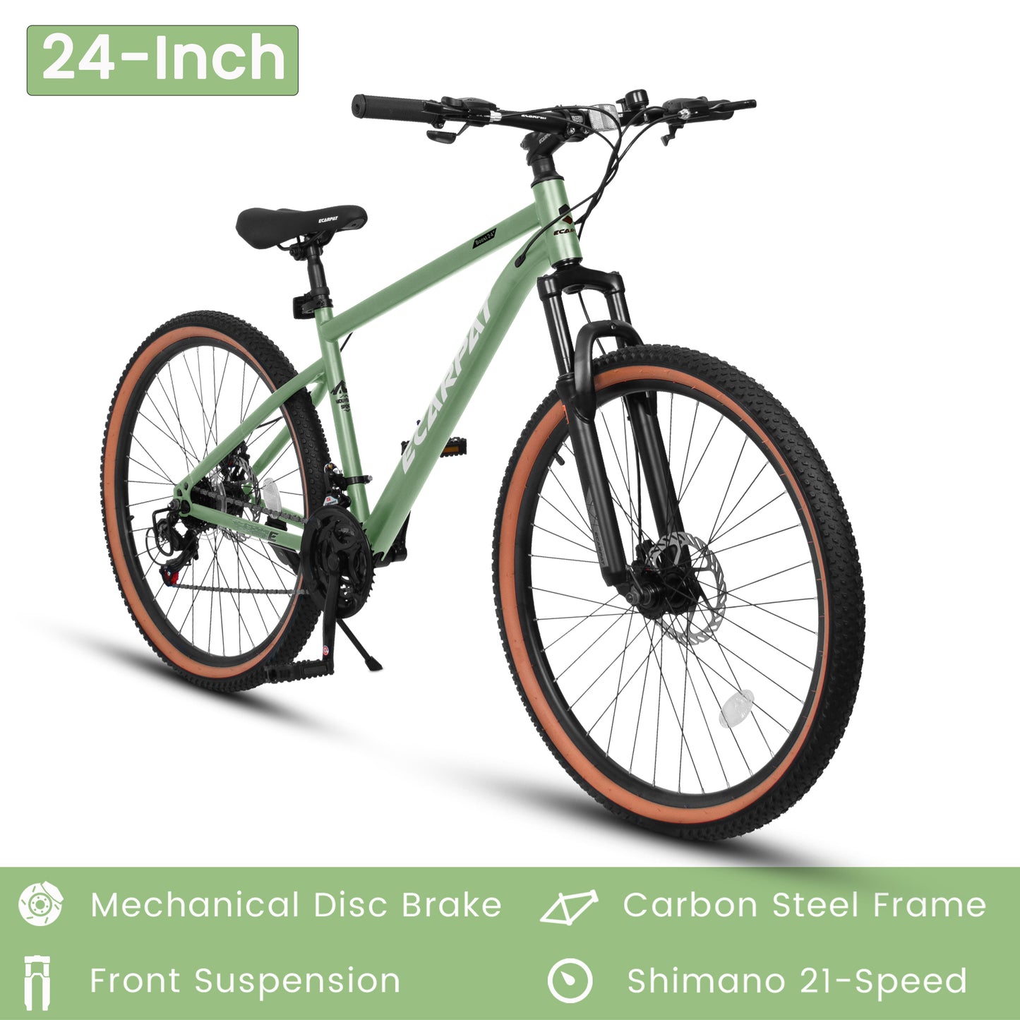 Ecarpat 24 Inch Mountain Bike, Dual/Front Suspension Mens Mountain Bike with 21 Speeds High-Carbon Steel Frame and Disc/V Brakes, Adult Sport Bicycle for Trail Snow Commuter City Road