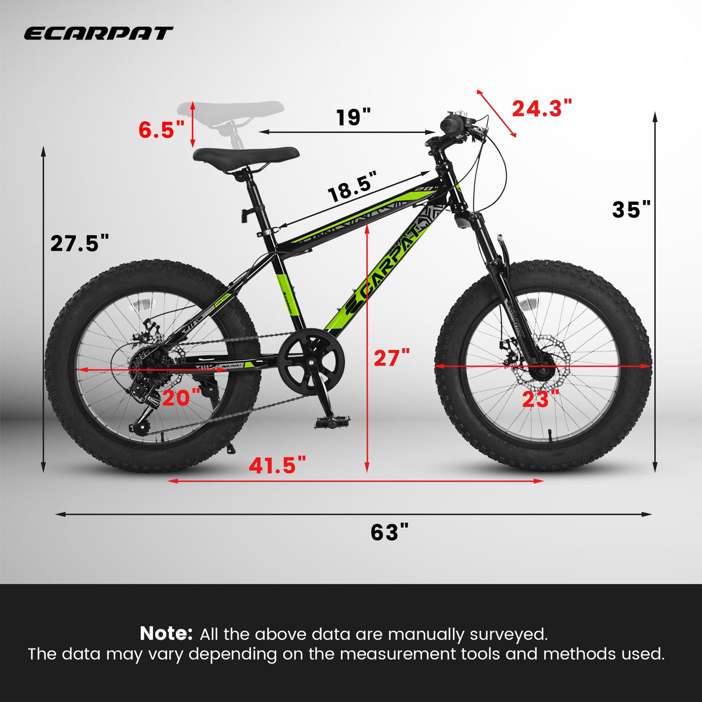 Ecarpat 20 Inch Fat Tire Mountain Bike,Dual Disc Brakes Suspension Fork, 7-Speed Boys Girls Mountain Bikes, All Terrain Kids Mountain Bikes for Boys and Girls 8-15 Years Old