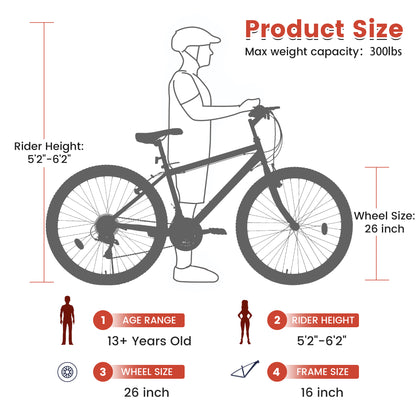 Mountain Bike 26 Inch for Men Women, 21 Speeds High-Carbon Steel Frame, Front Suspension Sport Bicycle, Adult Teens MTB Bicycle for Snow City Commuters and Short Trip
