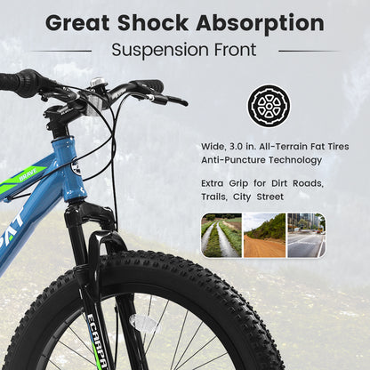 24 Inch Fat Tire Mountain Bike, 7 Speeds Front Suspension Dual Disc Brake, Men Women Carbon Steel Bicycles, Trail Beach Snow Commuter City Bikes