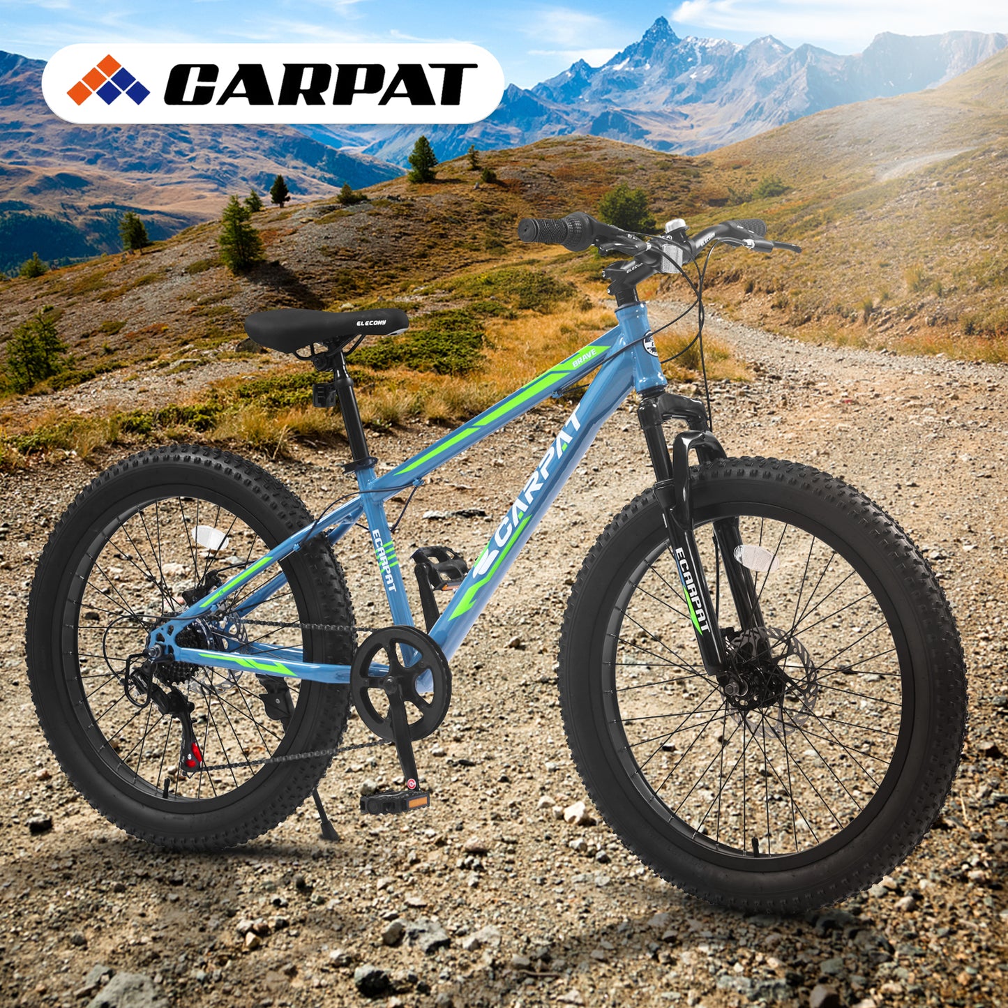 24 Inch Fat Tire Mountain Bike, 7 Speeds Front Suspension Dual Disc Brake, Men Women Carbon Steel Bicycles, Trail Beach Snow Commuter City Bikes