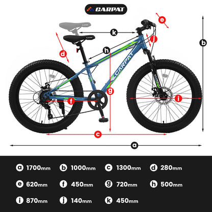 24 Inch Fat Tire Mountain Bike, 7 Speeds Front Suspension Dual Disc Brake, Men Women Carbon Steel Bicycles, Trail Beach Snow Commuter City Bikes