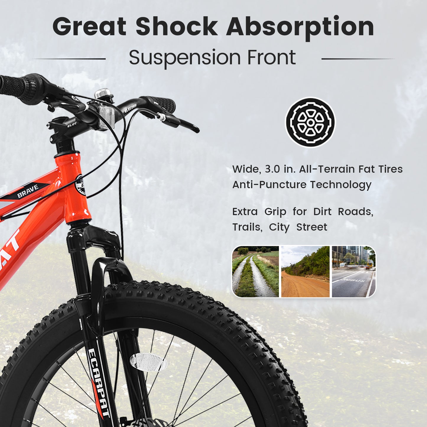 24 Inch Fat Tire Mountain Bike, 7 Speeds Front Suspension Dual Disc Brake, Men Women Carbon Steel Bicycles, Trail Beach Snow Commuter City Bikes