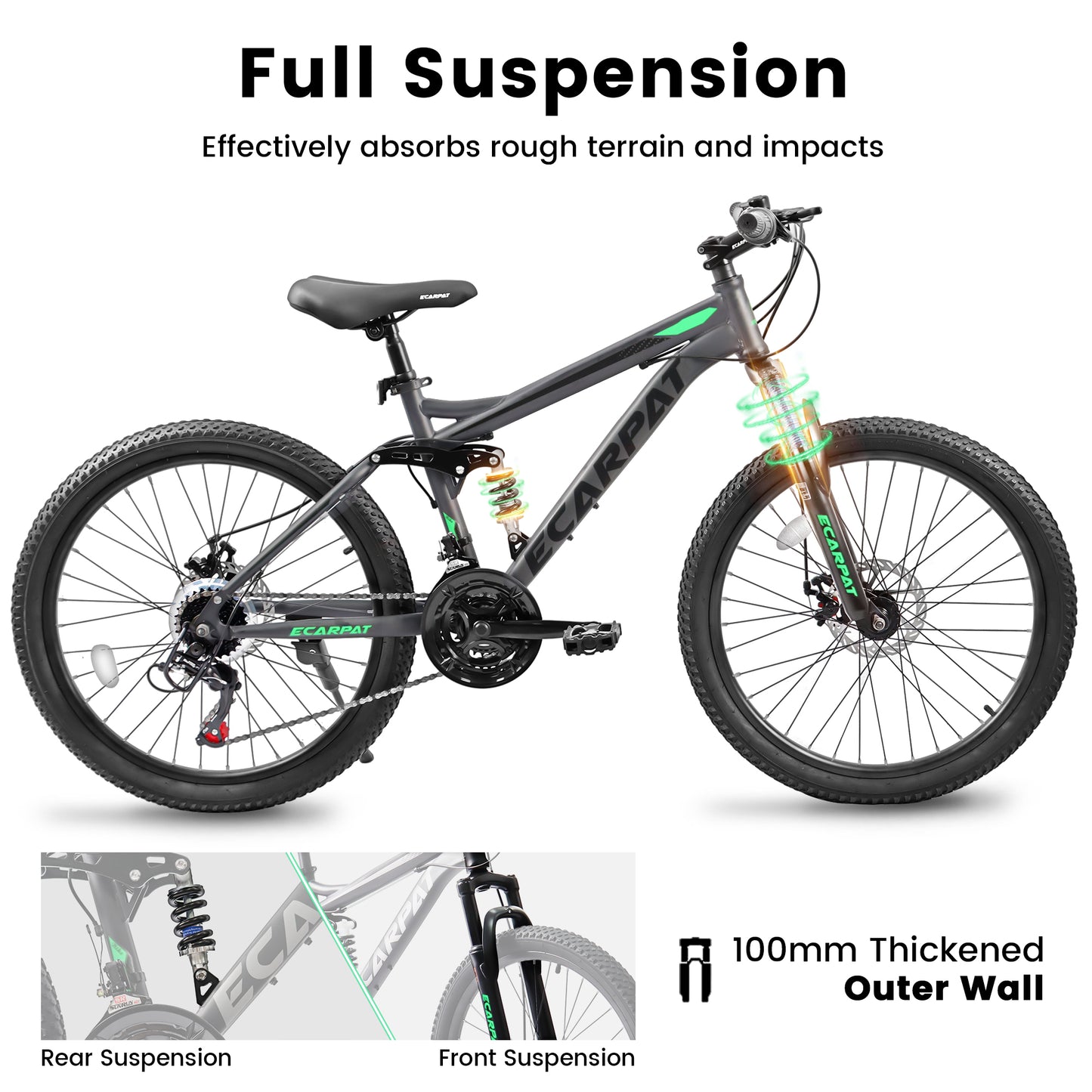 24/26 Inch Full Suspension Mountain Bike, 21 Speeds Dual Disc Brake, Men Women Mountain Bike