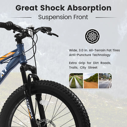 24 Inch Fat Tire Mountain Bike, 7 Speeds Front Suspension Dual Disc Brake, Men Women Carbon Steel Bicycles, Trail Beach Snow Commuter City Bikes