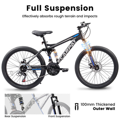 24/26 Inch Full Suspension Mountain Bike, 21 Speeds Dual Disc Brake, Men Women Mountain Bike