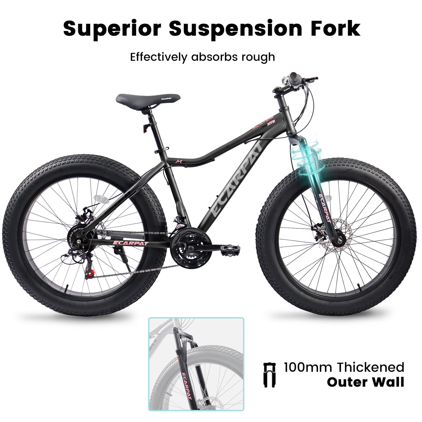 Ecarpat 26 Inch Fat Tire Mountain Bike, 21 Speeds High-Carbon Steel Frame Dual Disc Brakes MTB, Front/Full Suspension Mountain Bikes, Adult Men Women Bicycles Bikes