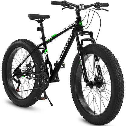 26 Inch Fat Tire Bike Adult/Youth Full Shimano 21 Speed Mountain Bike, Dual Disc Brake, High-Carbon Steel Frame, Front Suspension, Mountain Trail Bike, Urban Commuter City Bicycle