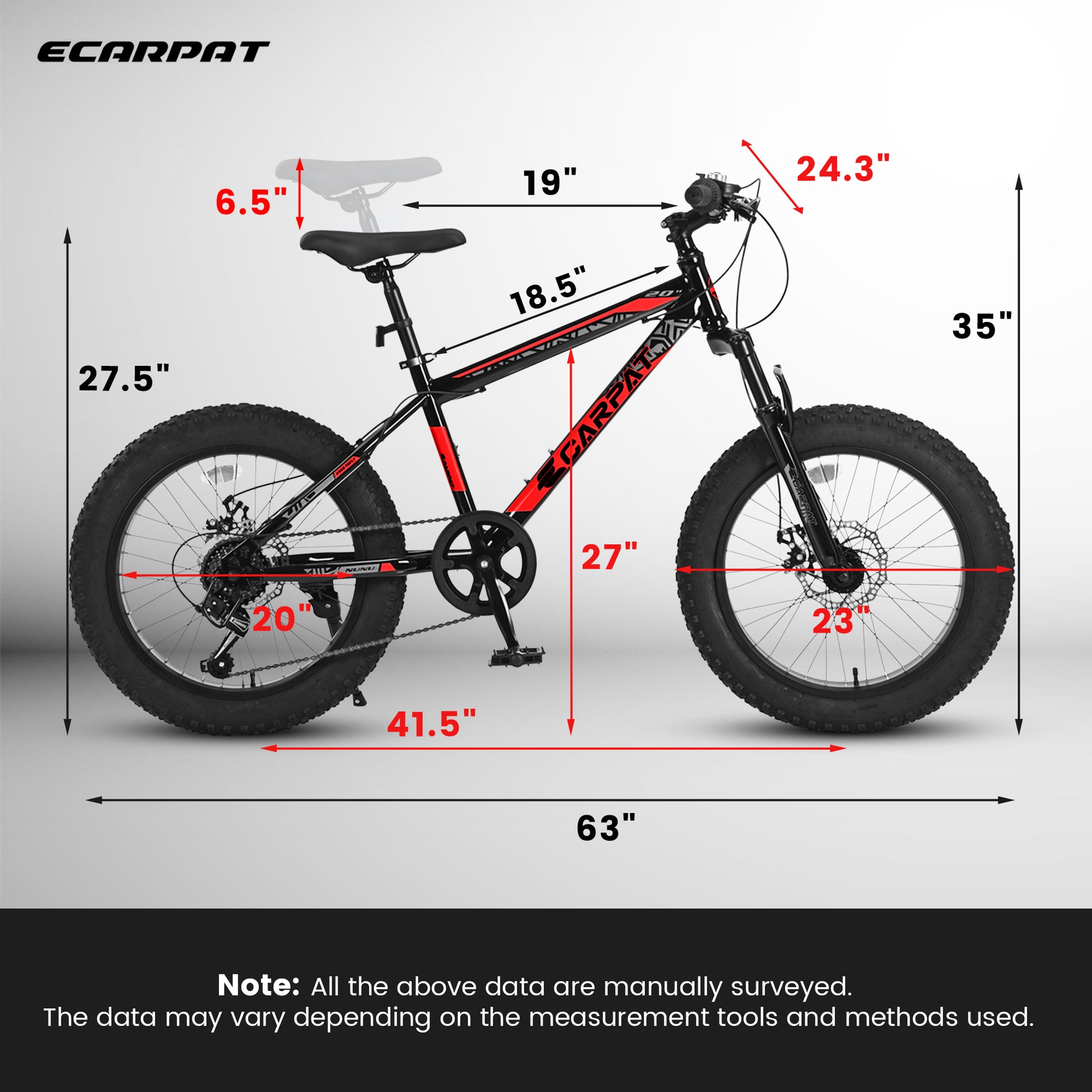 Ecarpat 20 Inch Fat Tire Mountain Bike,Dual Disc Brakes Suspension Fork, 7-Speed Boys Girls Mountain Bikes, All Terrain Kids Mountain Bikes for Boys
