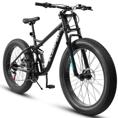 26 Inch Dual Full Suspension Mountain Bike, 21 Speeds Dual Disc Brake, Men Women Carbon Steel Mountain Bike, Adult Trail Beach Snow Commuter City Bikes