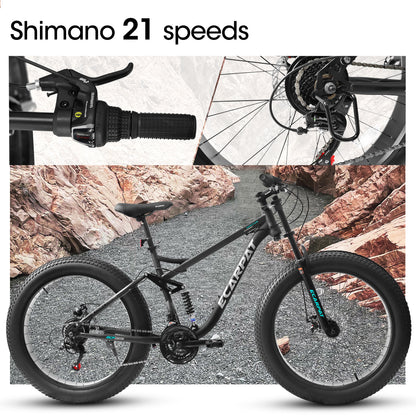 26 Inch Dual Full Suspension Mountain Bike, 21 Speeds Dual Disc Brake, Men Women Carbon Steel Mountain Bike, Adult Trail Beach Snow Commuter City Bikes