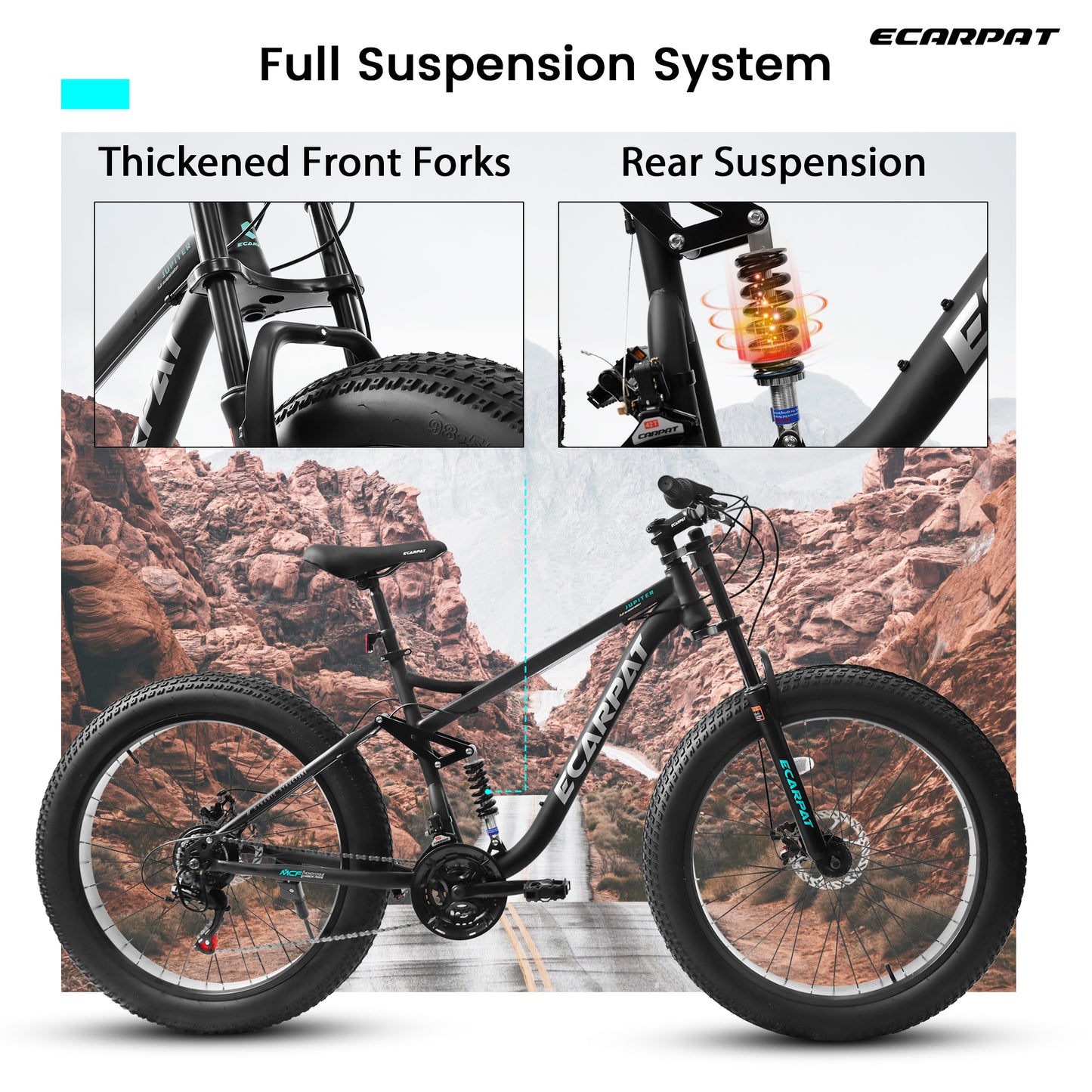 26 Inch Dual Full Suspension Mountain Bike, 21 Speeds Dual Disc Brake, Men Women Carbon Steel Mountain Bike, Adult Trail Beach Snow Commuter City Bikes