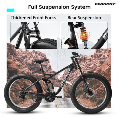 26 Inch Dual Full Suspension Mountain Bike, 21 Speeds Dual Disc Brake, Men Women Carbon Steel Mountain Bike, Adult Trail Beach Snow Commuter City Bikes