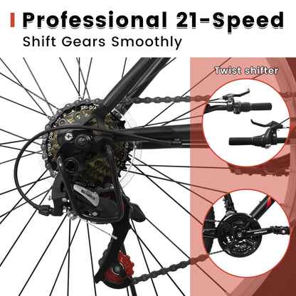 Mountain Bike 26 Inch for Men Women, 21 Speeds High-Carbon Steel Frame, Front Suspension Sport Bicycle, Adult Teens MTB Bicycle for Snow City Commuters and Short Trip