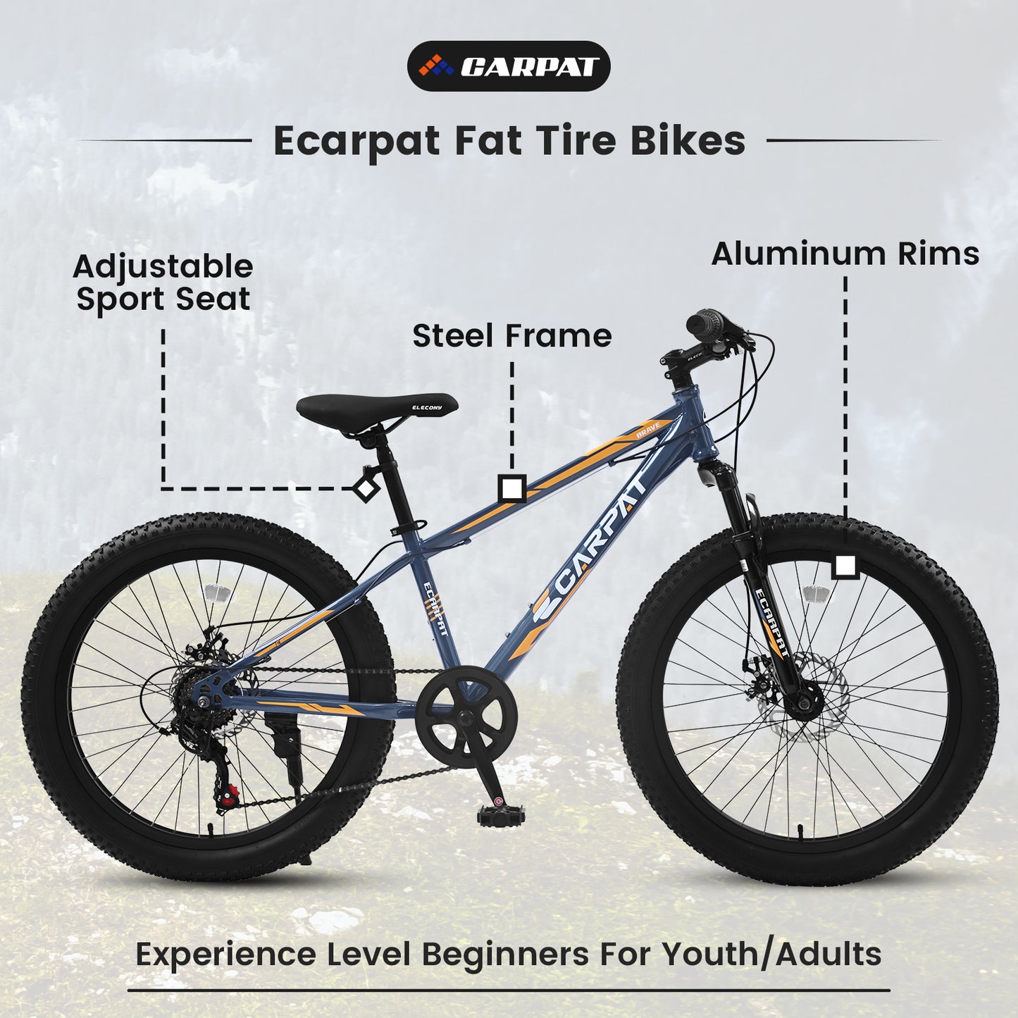 24 Inch Fat Tire Mountain Bike, 7 Speeds Front Suspension Dual Disc Brake, Men Women Carbon Steel Bicycles, Trail Beach Snow Commuter City Bikes