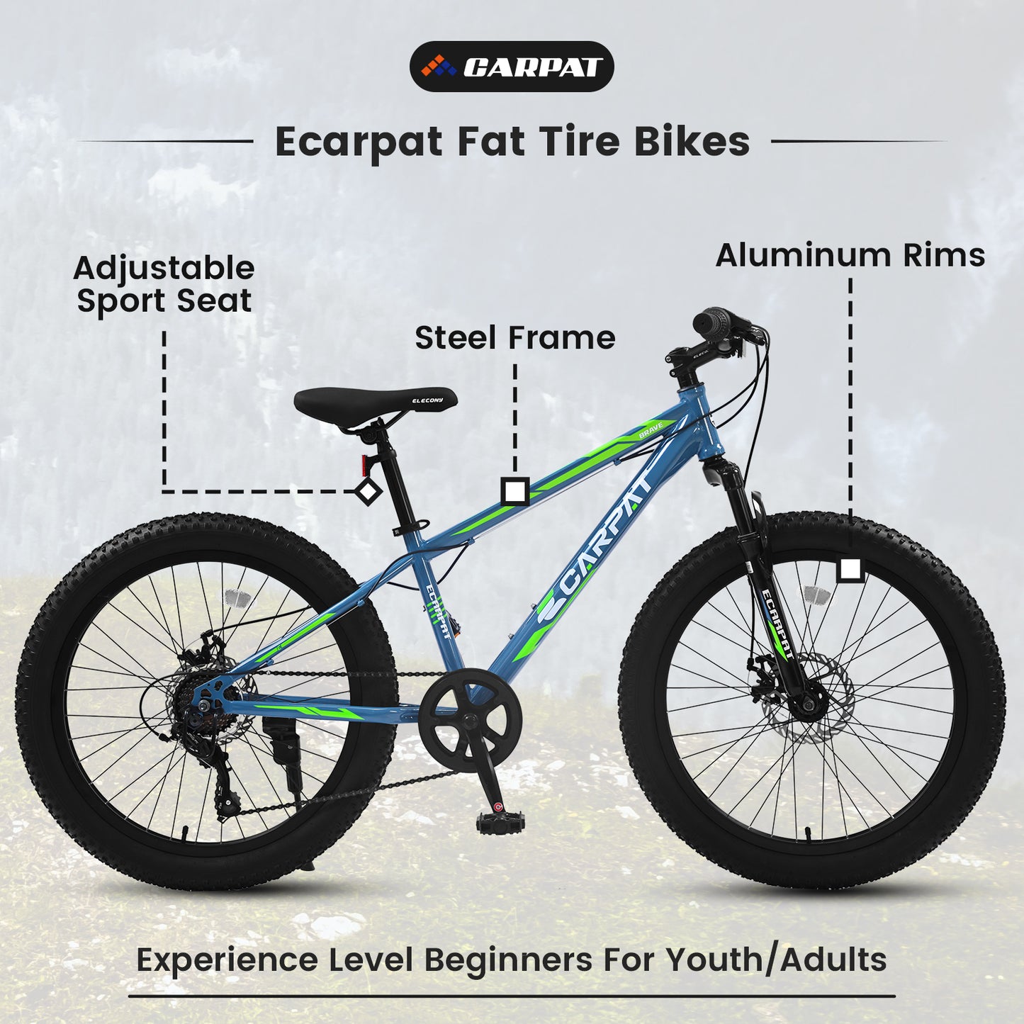 24 Inch Fat Tire Mountain Bike, 7 Speeds Front Suspension Dual Disc Brake, Men Women Carbon Steel Bicycles, Trail Beach Snow Commuter City Bikes