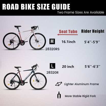 700C Road Bike, 16-Speed Outdoor Bike Disc Brakes, Light Weight Aluminum Frame ,Racing Bike City Commuting Road Bicycle M Size